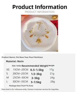 Size chart for pet pearl necklace with red lucky charms and golden bells for cats and dogs