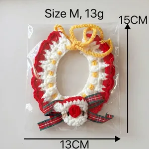 Handmade crochet Christmas pet collar with plaid bow in size M, 15cm height