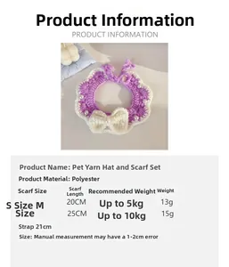 Size chart for hand-crocheted pet collar and hat set with lavender knit flower details