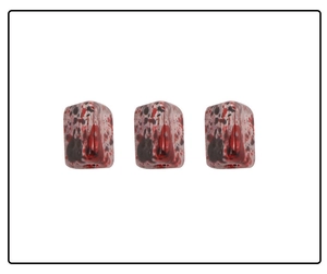 Close-up of three triangle glass beads with red and black splatter pattern for DIY jewelry