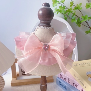 Pink and white princess bow cat collar with lace ribbon and heart-shaped gemstone