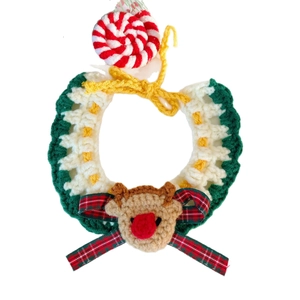 Handmade knitted Christmas pet collar with reindeer face and candy cane decorations