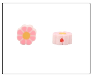 Détails de perles de fleurs en pâte polymère rose avec centre jaune et trou latéral DIY