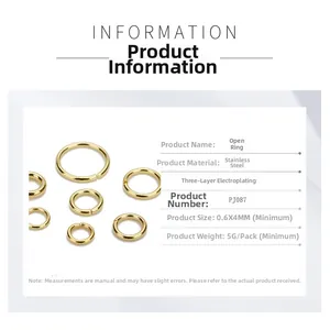 Detailed specs of gold stainless steel open jump rings for DIY jewelry making accessories