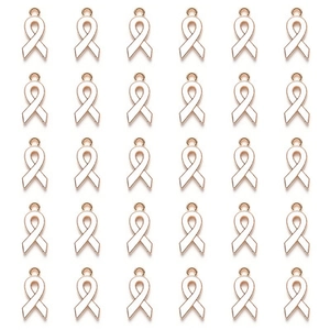Bulk set of thirty white enamel awareness ribbon charms with rose gold metal finish
