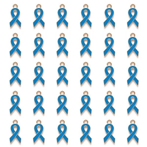 Detailed grid of 30 blue enamel ribbon charms with rose gold metal edges for DIY jewelry
