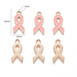 Pink ribbon alloy pendants with gold trim for DIY jewelry making 20mm x 10mm size