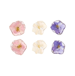 Detailed view of six handmade resin pendants with real dried flowers in 2x3 grid