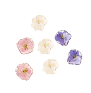 Macro shot of resin pendants with pink and purple real dried flowers for DIY jewelry making