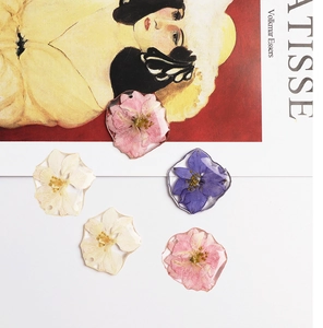 Detailed macro view of resin charms featuring real pink, white, and purple dried flowers