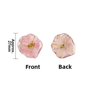 Detail of 27mm pink dried daisy flower resin pendant with front and back views