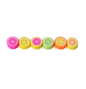 Detailed view of six colorful polymer clay beads with citrus fruit patterns for DIY jewelry