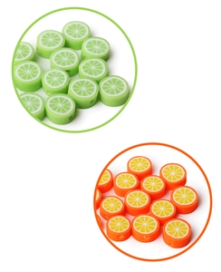 Detail of polymer clay fruit beads showing lime and orange slices for DIY jewelry