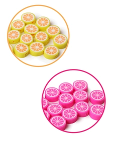 Detailed view of polymer clay citrus beads in yellow and pink for DIY jewelry making