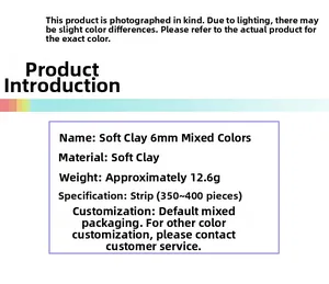 Specifications chart for 6mm polymer clay beads showing 12.6g weight and 400 pieces
