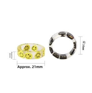 Detailed size chart of colorful resin smile rings showing 16mm inner diameter and 6mm width