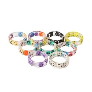 Colorful resin smile face rings in various vibrant colors for fashion jewelry