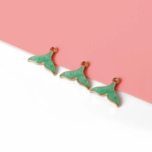Three gold alloy whale tail charms with green marble enamel for DIY jewelry making