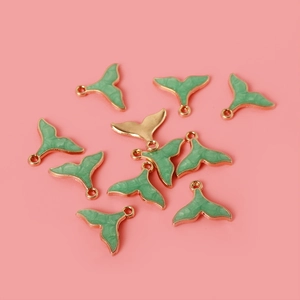 Golden alloy fish tail charm with green enamel for DIY necklaces and handmade jewelry