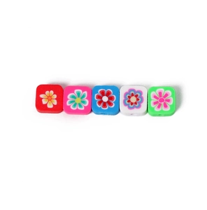 Colorful square polymer clay floral beads with center holes for DIY jewelry making crafts
