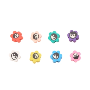 Set of eight colorful floral polymer clay beads with Tai Chi yin yang patterns for DIY jewelry
