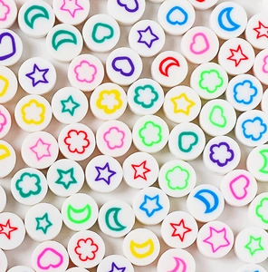 Perles rondes en pâte polymère blanche avec motifs d'étoiles et lunes pour bijoux DIY