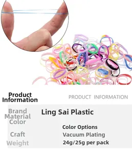 Detail showing elastic TPU hair ties stretch test and 25g multi-color bulk pack specs