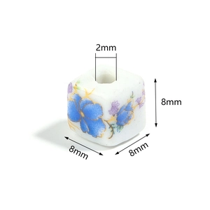 Blue floral porcelain square bead with 8mm dimensions and 2mm hole for jewelry making