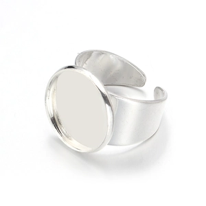 Adjustable silver copper ring base with round flat blank tray for DIY jewelry making
