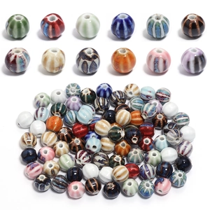 Vintage Ceramic Pumpkin Stripe Round Beads Colorful Glazed Loose Beads For DIY Bracelet Necklace Handmade Jewelry Making