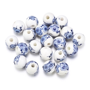 Detailed macro view of blue and white porcelain ceramic beads for jewelry DIY