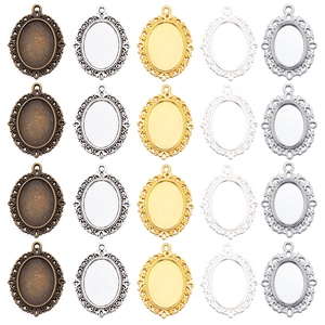 Detail of 20pcs oval vintage alloy pendant trays in five metallic colors for DIY jewelry