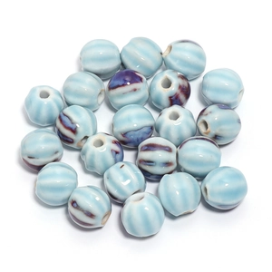 Handmade light blue ceramic pumpkin beads with dark stripes for DIY jewelry making