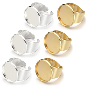 Adjustable copper ring base with round flat tray in gold and silver for DIY jewelry