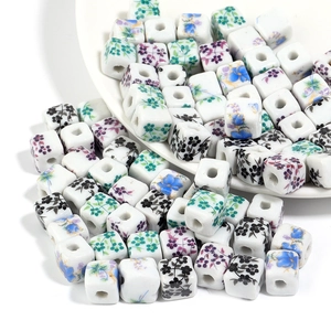 Blue and white porcelain floral square ceramic beads for handmade jewelry DIY necklaces