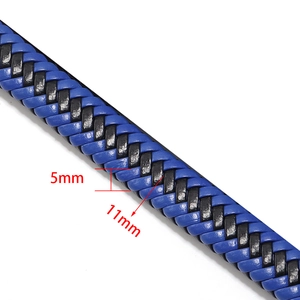 Macro detail of blue and black 10-strand braided PU leather bracelet with 11mm width