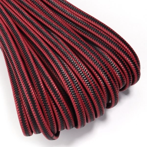 Close-up of red and black braided PU leather cord with 10-strand woven texture