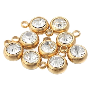 Set of 10 gold stainless steel birthstone charms with clear crystals for DIY jewelry making