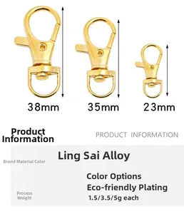 Trois tailles de fermoirs mousquetons en alliage de zinc doré en 38mm 35mm et 23mm