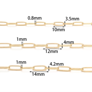 Gold stainless steel paperclip chain links with detailed size specifications in mm