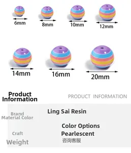 Size chart for colorful striped resin beads ranging from 6mm to 20mm with pearlescent finish