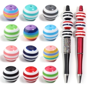 Close-up of colorful striped resin beads and DIY beaded pens in a 4x3 array layout