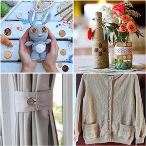 Various applications of round natural coconut shell buttons on crochet dolls and clothing