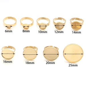 Adjustable gold stainless steel ring bases with flat round bezel trays for DIY jewelry making