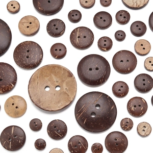 Macro view of natural brown coconut shell buttons with detailed fibers and 2/4 holes