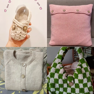 Eco-friendly round coconut shell buttons on knitted baby shoes, pillows and cardigans