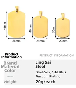 Three sizes of gold stainless steel military tags with detailed dimension measurements