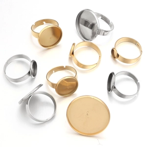 Adjustable stainless steel ring bases with flat round trays for DIY jewelry making