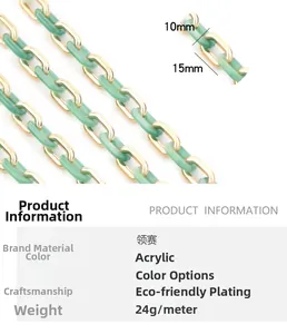 Detailed spec view of acrylic chain links measuring 10x15mm in green and gold finish