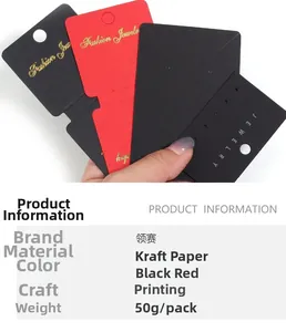 Detail of thick black and red kraft paper jewelry cards with gold foil stamping